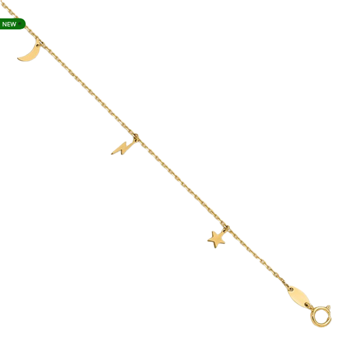 14K Polished Moon Star and Lightning 9in Plus 1in ext. Anklet | ANK342-9