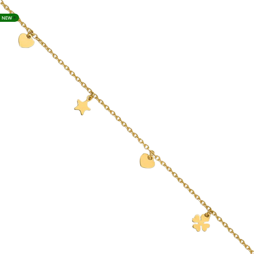 14K Polished Stars Hearts and Clovers Anklet | ANK346-9