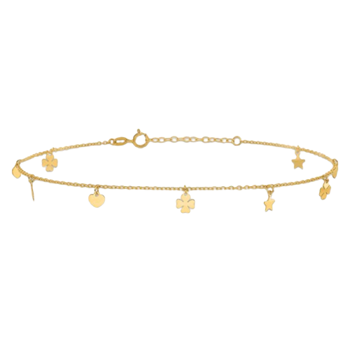 14K Polished Stars Hearts and Clovers Anklet | ANK346-9