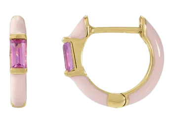 14K Yellow Natural Pink Tourmaline & Pink Enamel Hinged 11 mm Hoop Earrings | 689132