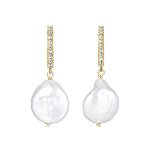 Diamondlite CZ genuine 12mm baroque pearl earrings in sterling silver with 18K gold plating.