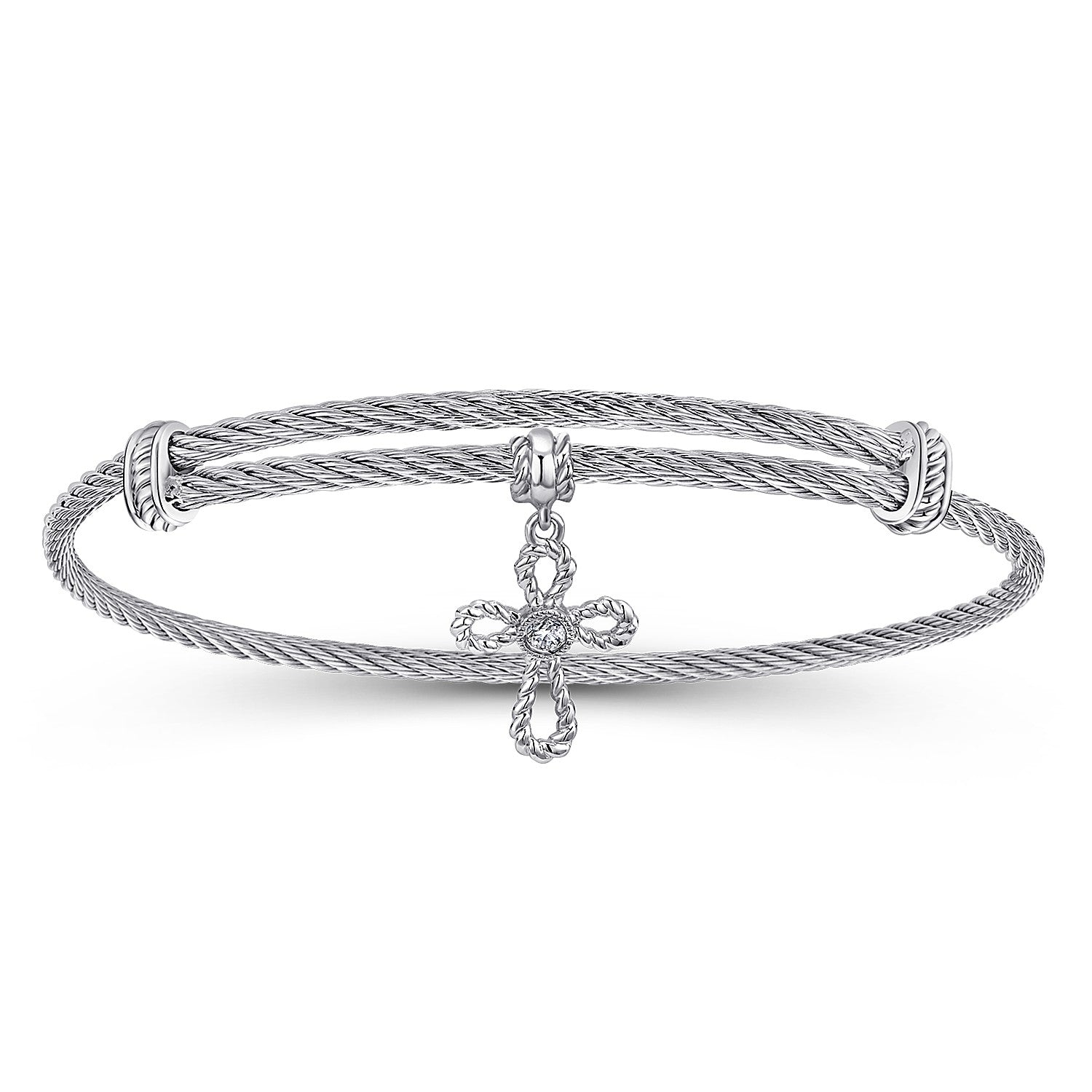 Gabriel & Co Adjustable Twisted Cable Stainless Steel Bangle with Sterling Silver and White Sapphire Cross Charm | BG3596MXJWS