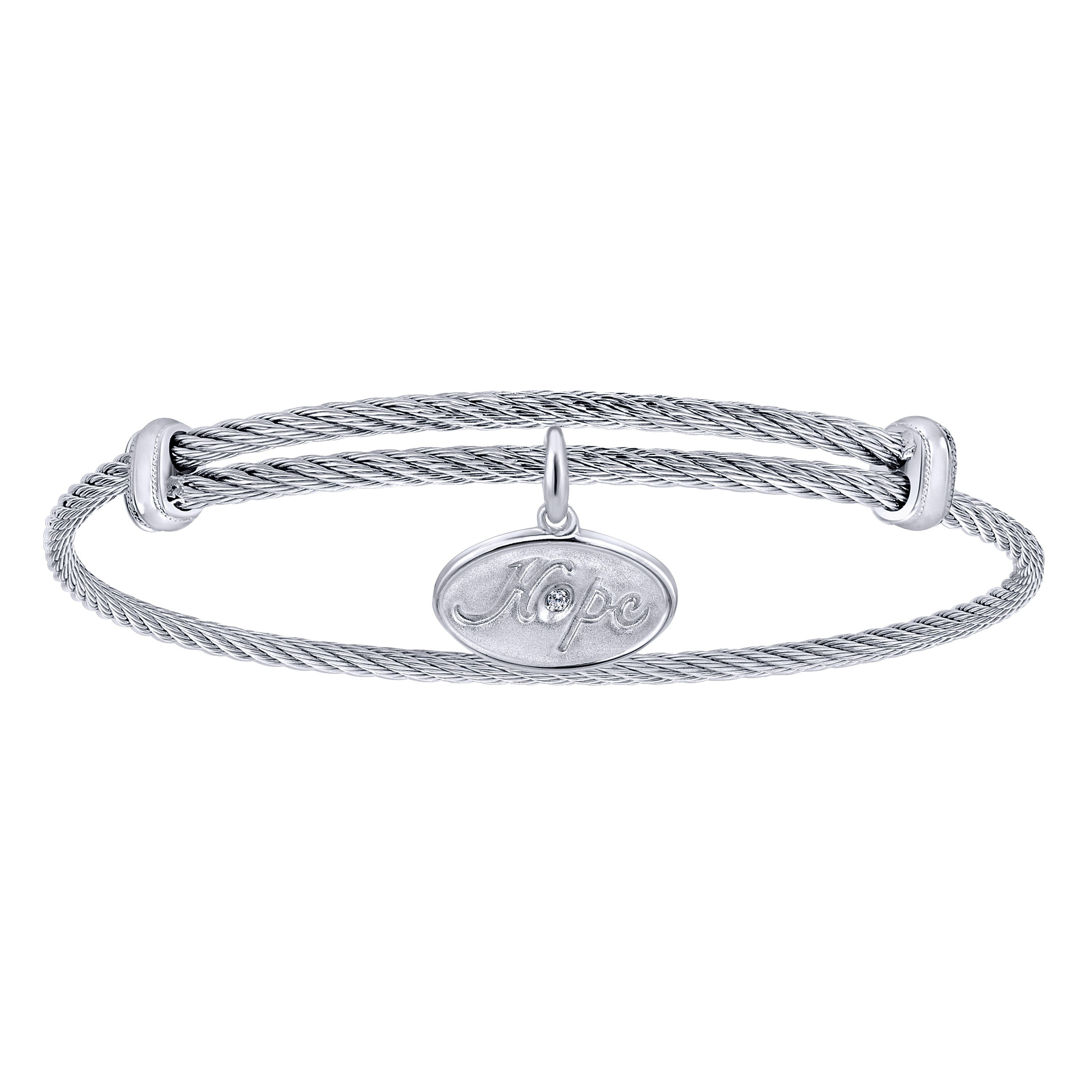Gabriel & Co Adjustable Twisted Cable Stainless Steel Bangle with Sterling Silver Diamond Hope Charm | BG3618MX5JJ