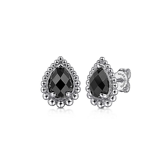 Gabriel & Co 925 Sterling Silver Onyx Bujukan Pear Shape Stud Earrings With Pattern | EG14910SVJOX