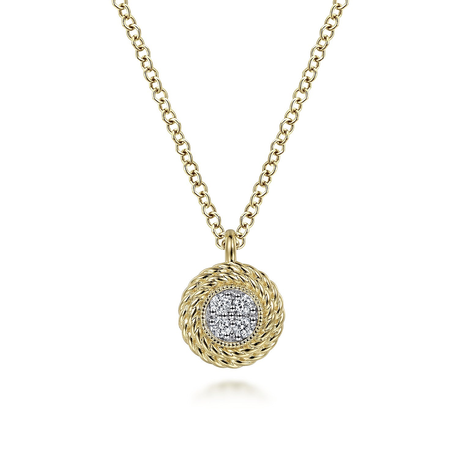 Gabriel & Co 14K Yellow Gold Round Diamond Pavé Cluster Pendant Necklace with Twisted Rope Frame | NK6496Y45JJ