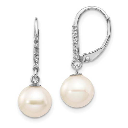 Round Fresh Water Cultured Pearl .05ct Diamond Leverback Earrings | XF571