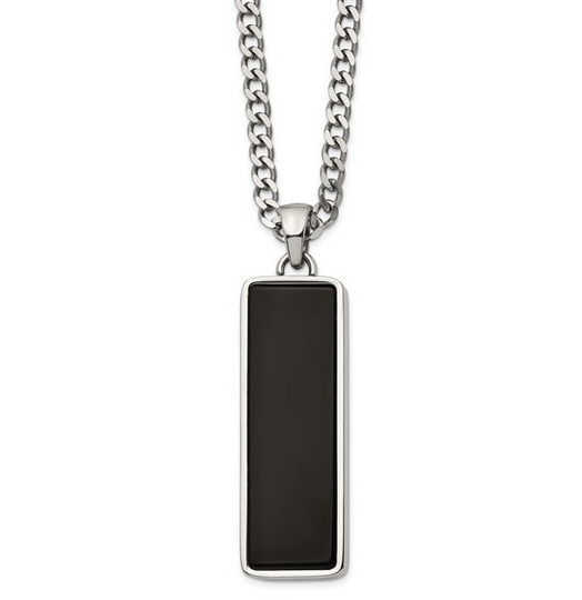 Black Onyx Inlay Rectangle Pendant on a 22 inch Curb Chain Necklace | SRN2932-22