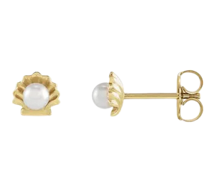14K Yellow Cultured White Seed Pearl Shell Earrings | 88204