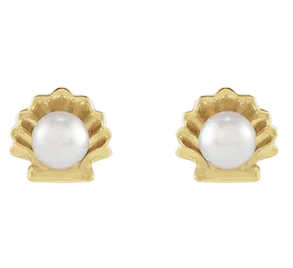 14K Yellow Cultured White Seed Pearl Shell Earrings | 88204