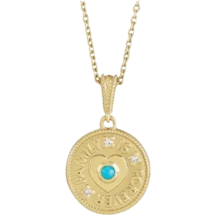 14K Yellow Cabochon Natural Turquoise & .02 CTW Natural Diamond Family is Forever 16-18" Necklace