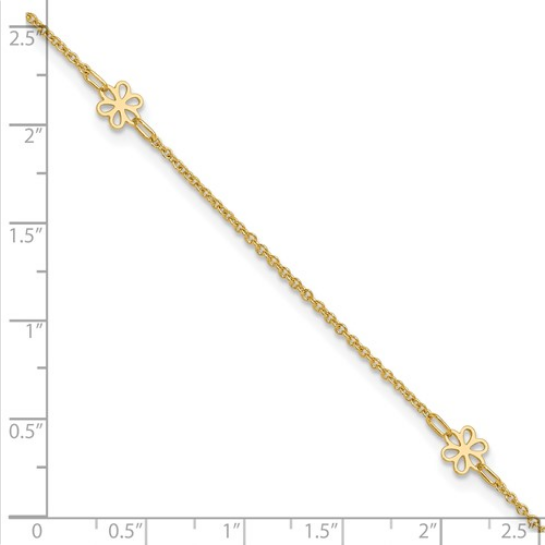 14K Polished Flowers 10in Plus 1in ext. Anklet | ANK306-10