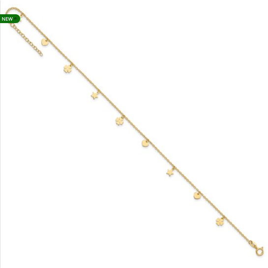 14K Polished Stars Hearts and Clovers Anklet | ANK346-9