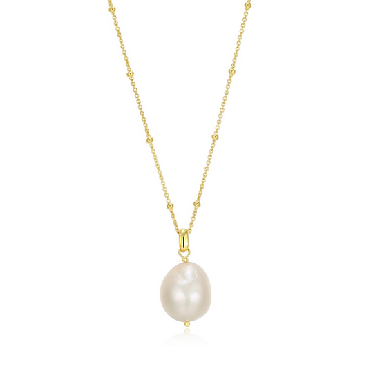 18K GOLD PLATED GENUINE OVAL WHITE PEARL NECKLACE WITH BEADED CHAIN