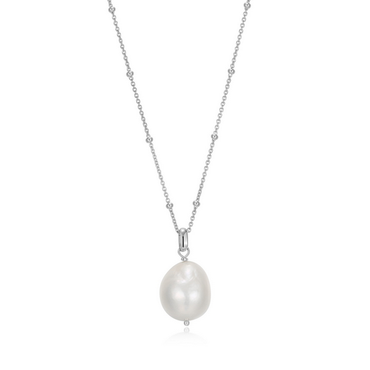 18K GOLD PLATED GENUINE OVAL WHITE PEARL NECKLACE WITH BEADED CHAIN