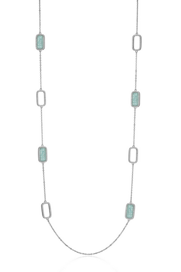 RRHODIUM PLATED GENUINE AMAZONITE & HALO STATION LONG NECKLACE
