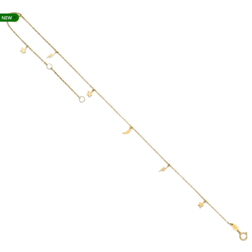 14K Polished Moon Star and Lightning 9in Plus 1in ext. Anklet