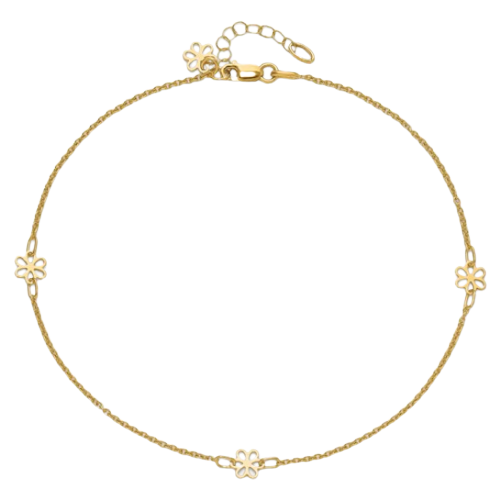 14K Polished Flowers 10in Plus 1in ext. Anklet | ANK306-10