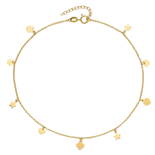 14K Polished Stars Hearts and Clovers Anklet | ANK346-9