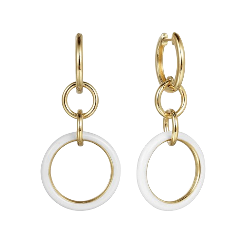 14K Yellow Gold Hollow Tube Link Earrings with White Enamel
