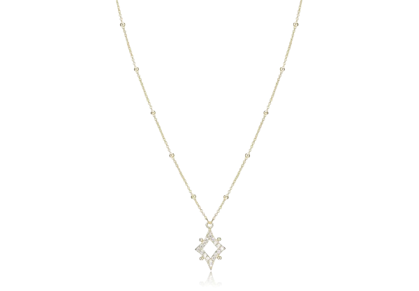 SS ELLE "STELLAR" GOLD PLATED RHOMBUS(13.5X10MM) WITH PAVE CZ NECKLACE WITH BEAD CHAIN 17"+3" EXTENSION