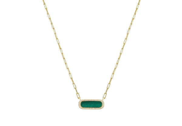 SS CG "PAPERCLIP" GOLD PLATED GENUINE OVAL 17X5MM MALACHITE WITH DIAMONDLITE CZ & PAPER |S0Q0CV9746