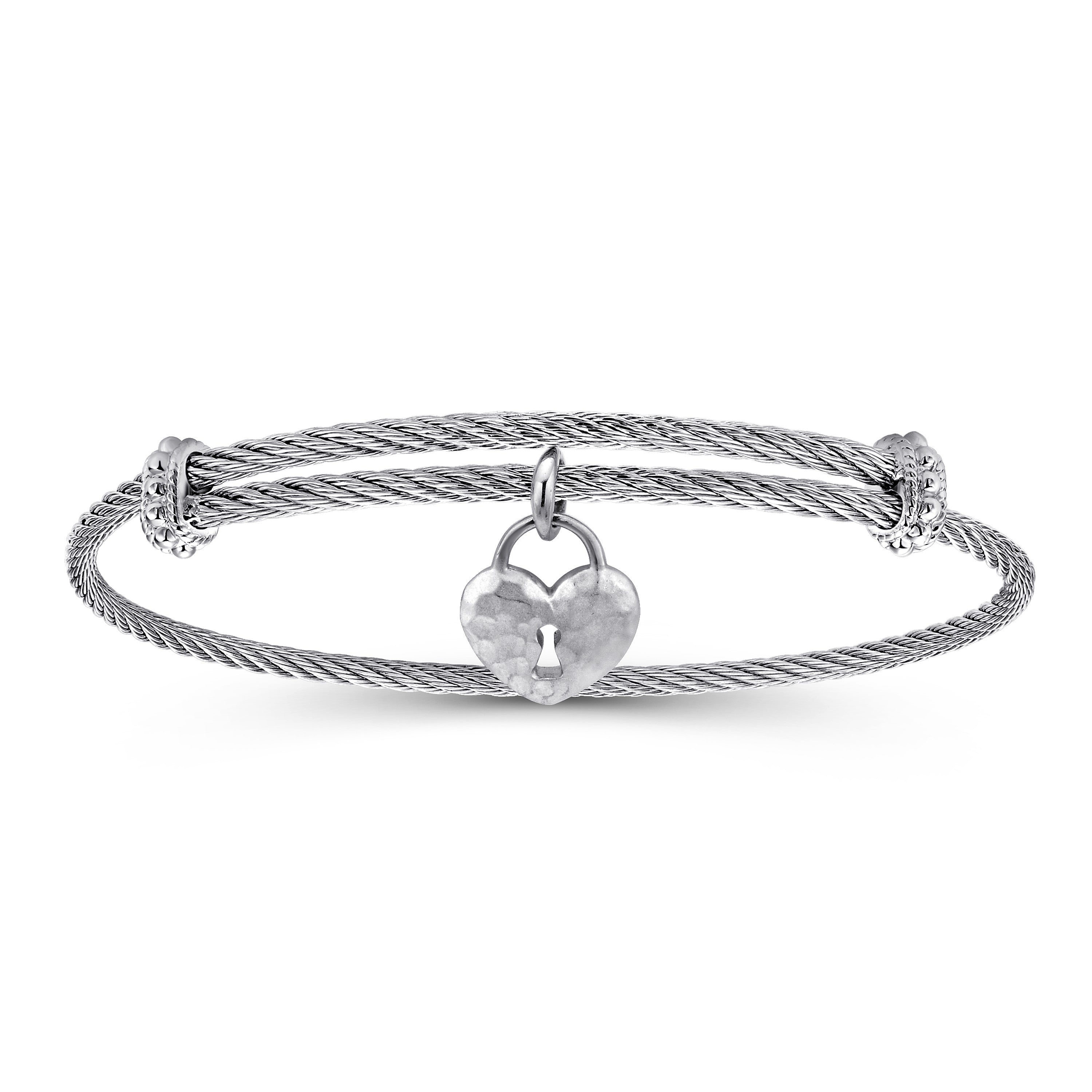 Gabriel & Co Adjustable Twisted Cable Stainless Steel Bangle with Sterling Silver Heart Lock Charm | BG3576MXJJJ