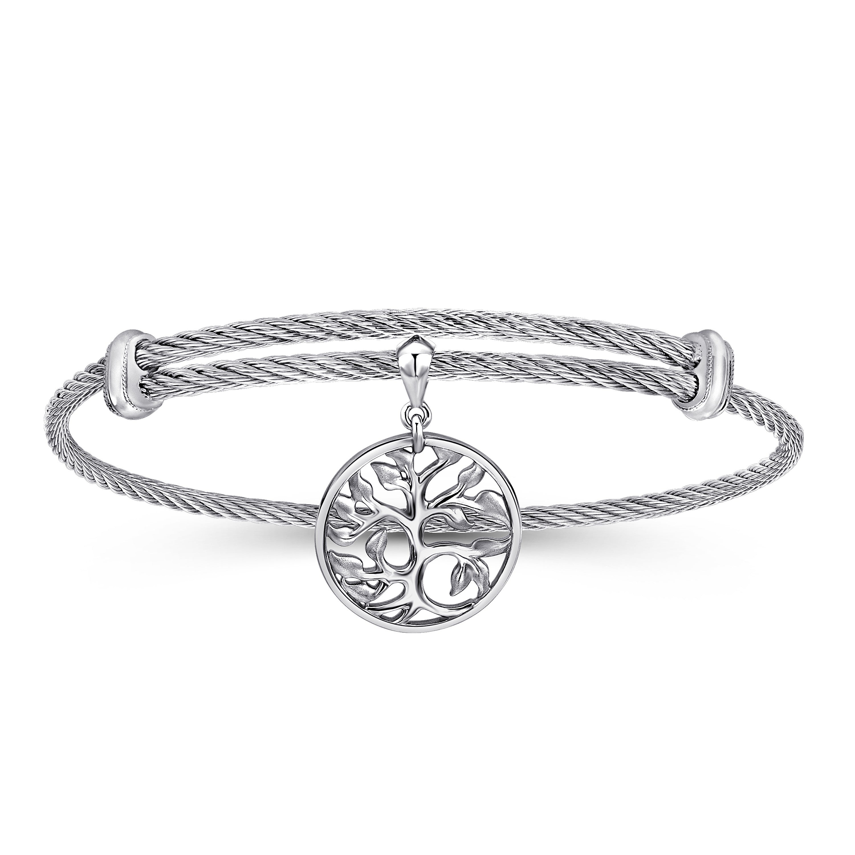 Gabriel & Co Adjustable Twisted Cable Stainless Steel Bangle with Sterling Silver Tree of Life Charm | BG3579MXJJJ