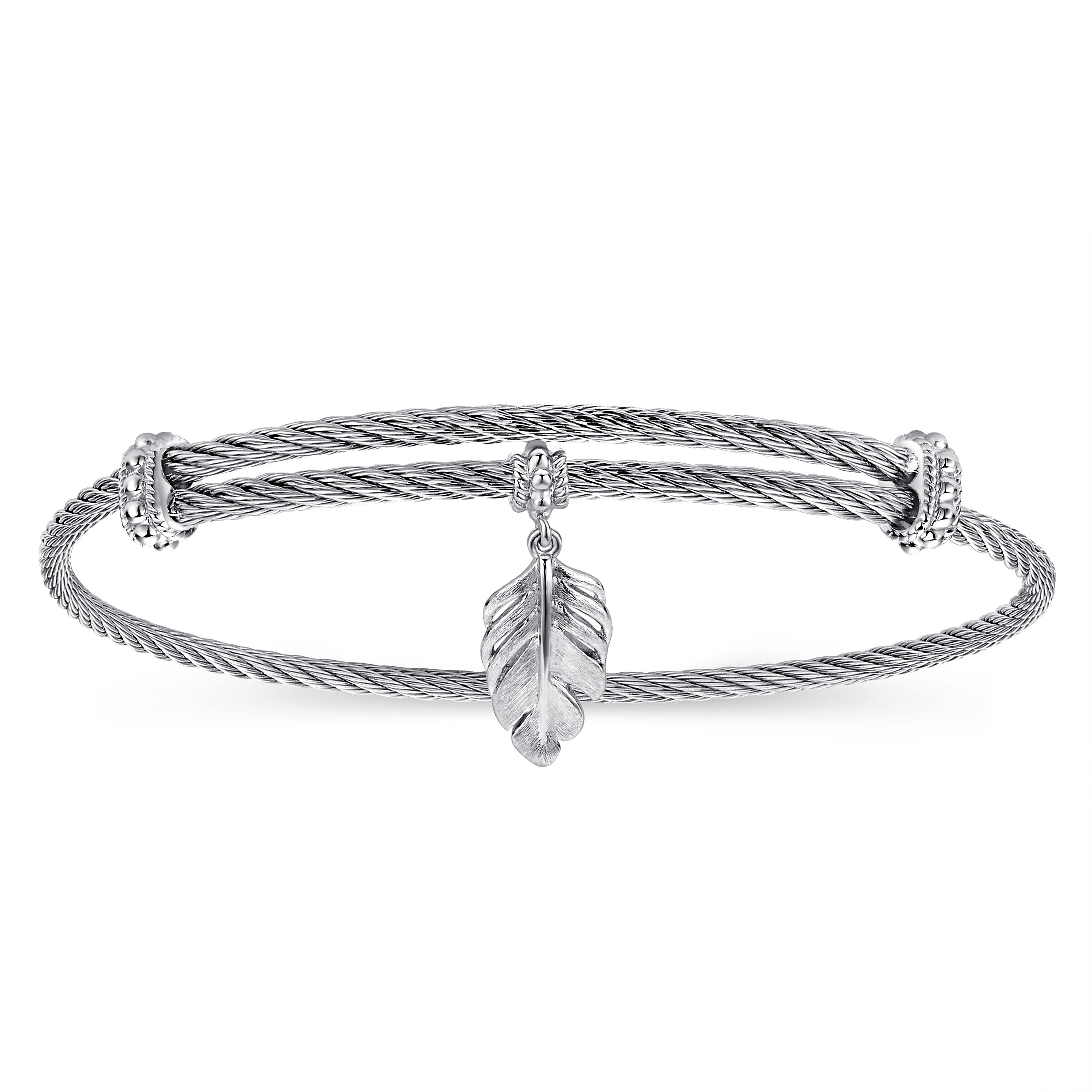 Gabriel & Co Adjustable Twisted Cable Stainless Steel Bangle with Sterling Silver Leaf Charm | BG3582MXJJJ