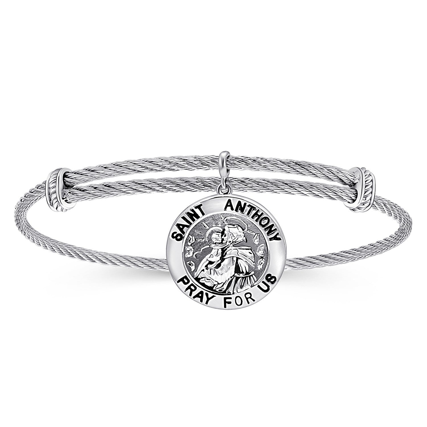 Gabriel & Co Adjustable Twisted Cable Stainless Steel Bangle with Sterling Silver St. Anthony Charm | BG3593MXJJJ