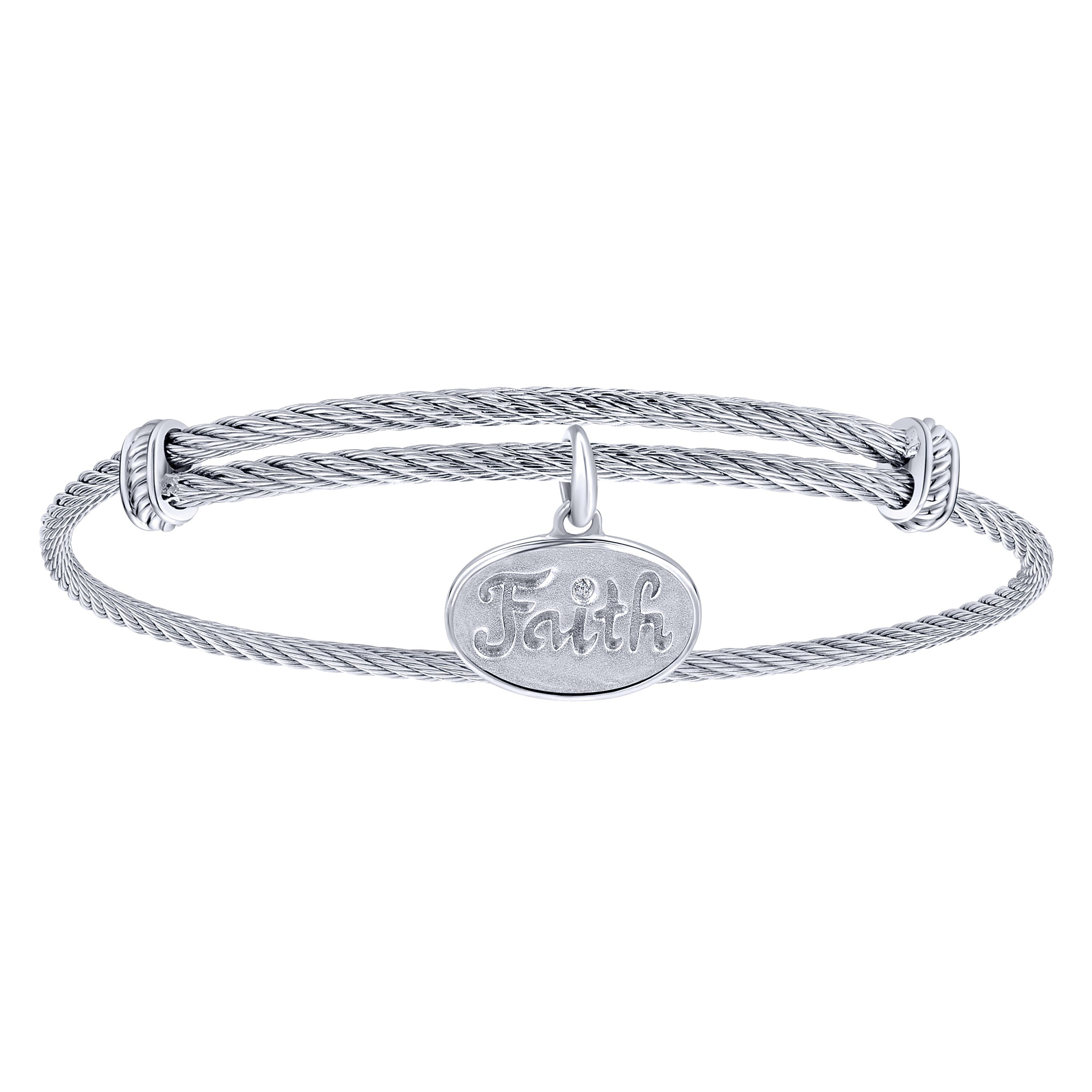 Gabriel & Co Adjustable Twisted Cable Stainless Steel Bangle with Sterling Silver Diamond Faith Charm | BG3616MX5JJ