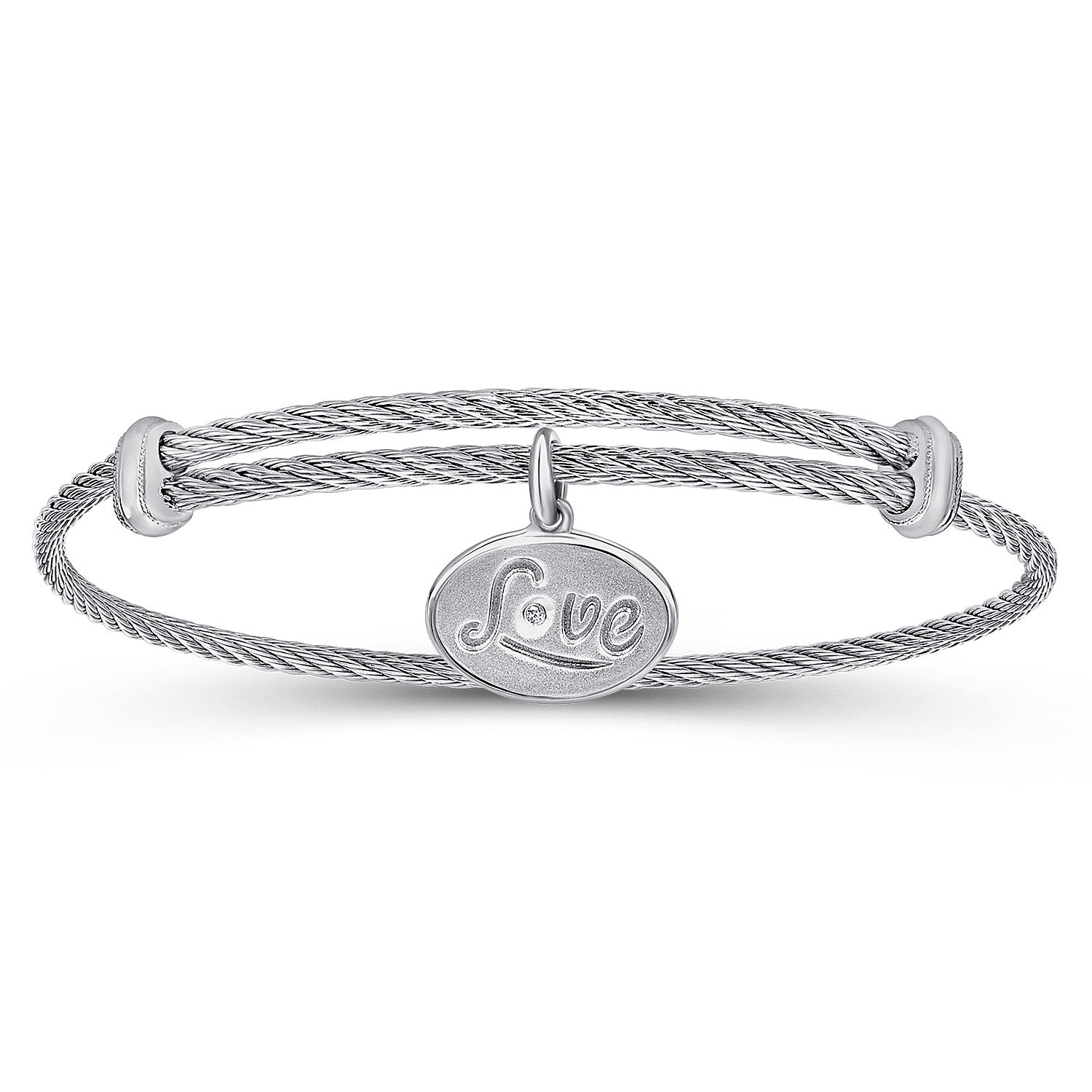 Gabriel & Co Adjustable Twisted Cable Stainless Steel Bangle with Sterling Silver Diamond Love Charm | BG3617MX5JJ