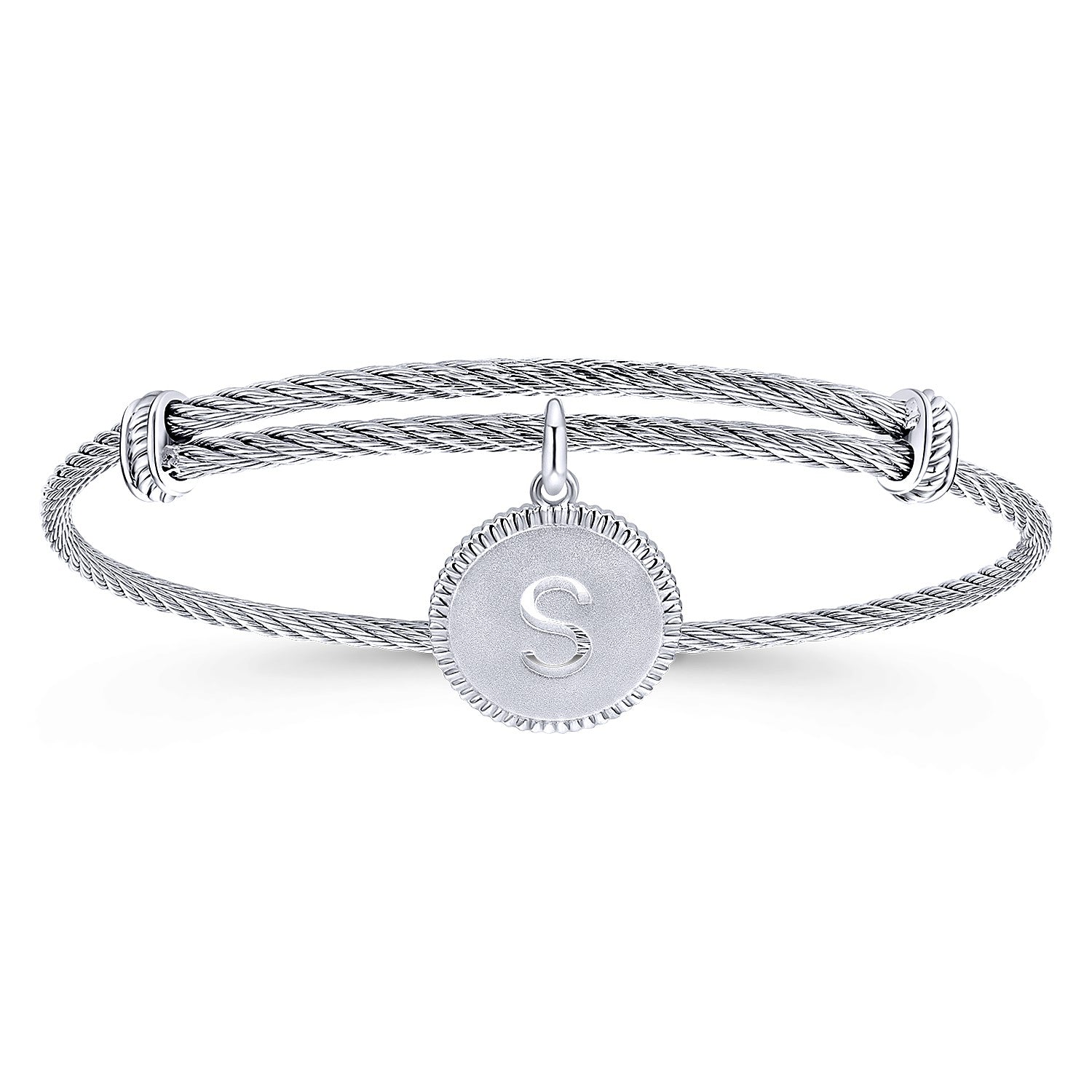 Gabriel & Co Adjustable Twisted Cable Stainless Steel Bangle with Sterling Silver S Initial Charm | BG3632S-MXJJJ