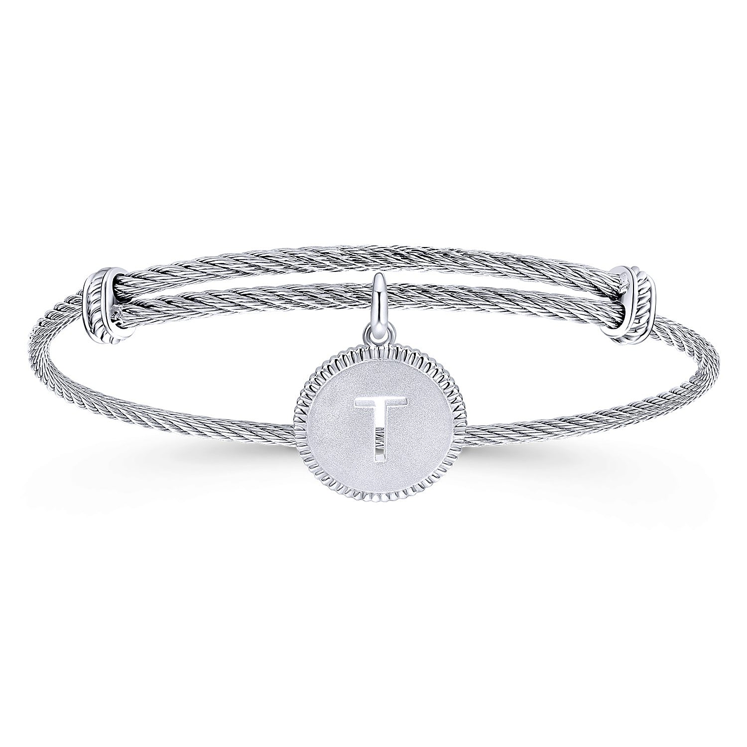Gabriel & Co Adjustable Twisted Cable Stainless Steel Bangle with Sterling Silver T Initial Charm | BG3632T-MXJJJ