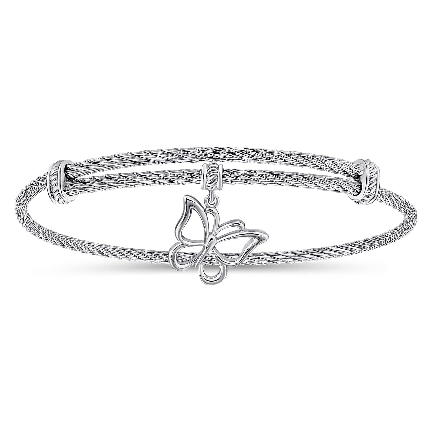 Gabriel & Co Adjustable Twisted Cable Stainless Steel Bangle with Sterling Silver Butterfly Charm | BG3941MXJJJ