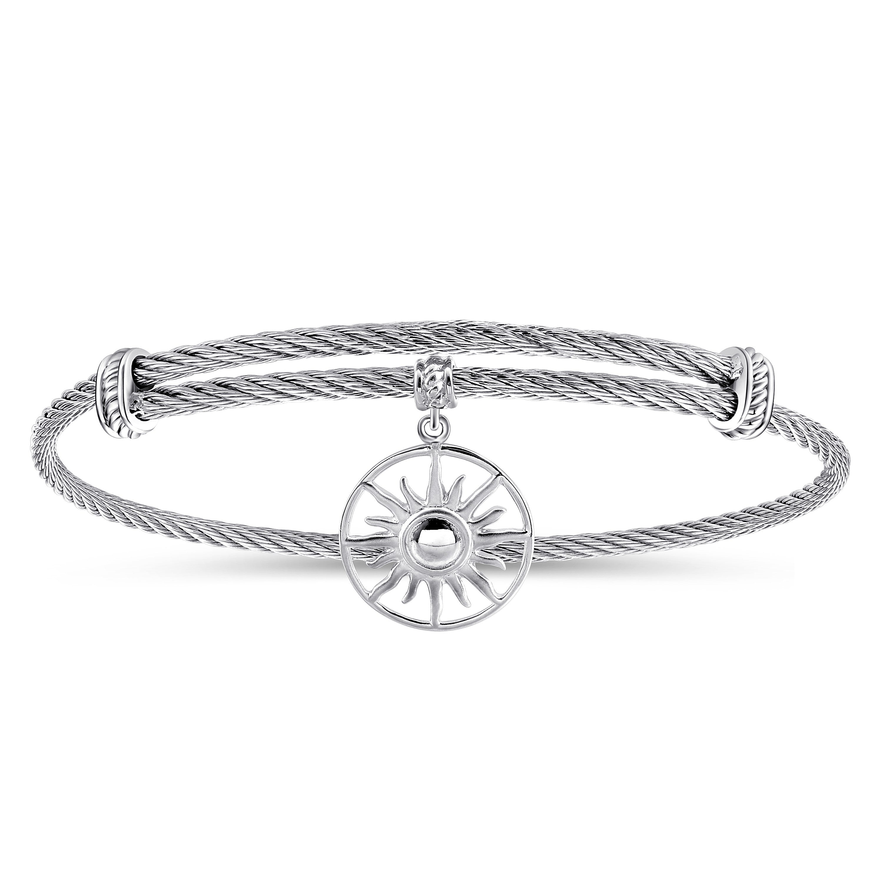 Gabriel & Co Adjustable Twisted Cable Stainless Steel Bangle with Sterling Silver Sun Charm | BG3943MXJJJ