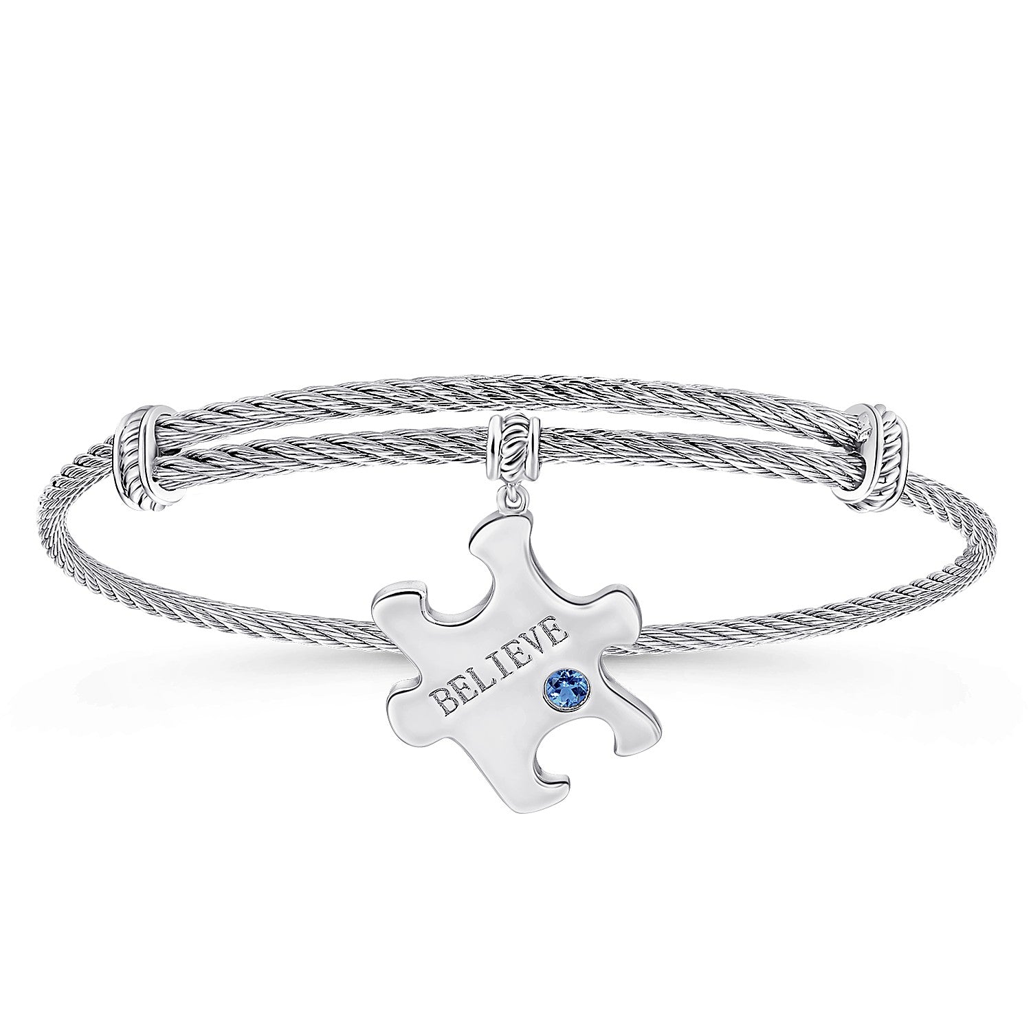 Gabriel & Co Adjustable Twisted Cable Stainless Steel Bangle with Sterling Silver Blue Topaz Puzzle Piece Charm | BG3952MXJBT