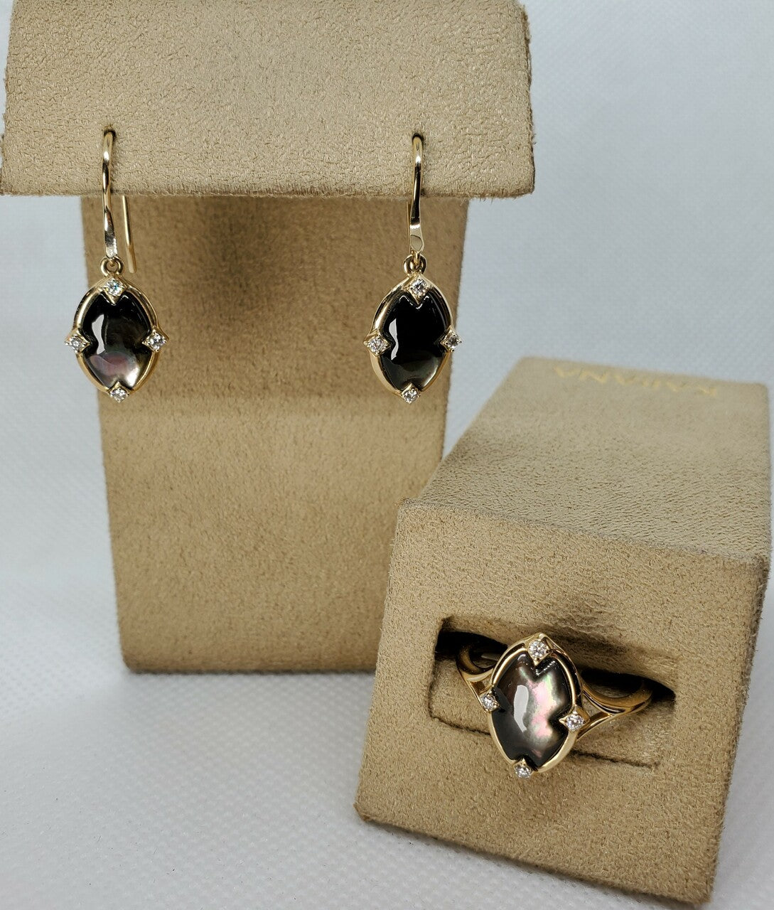 Kabana Oval Black Mother of Pearl Rings with Diamonds