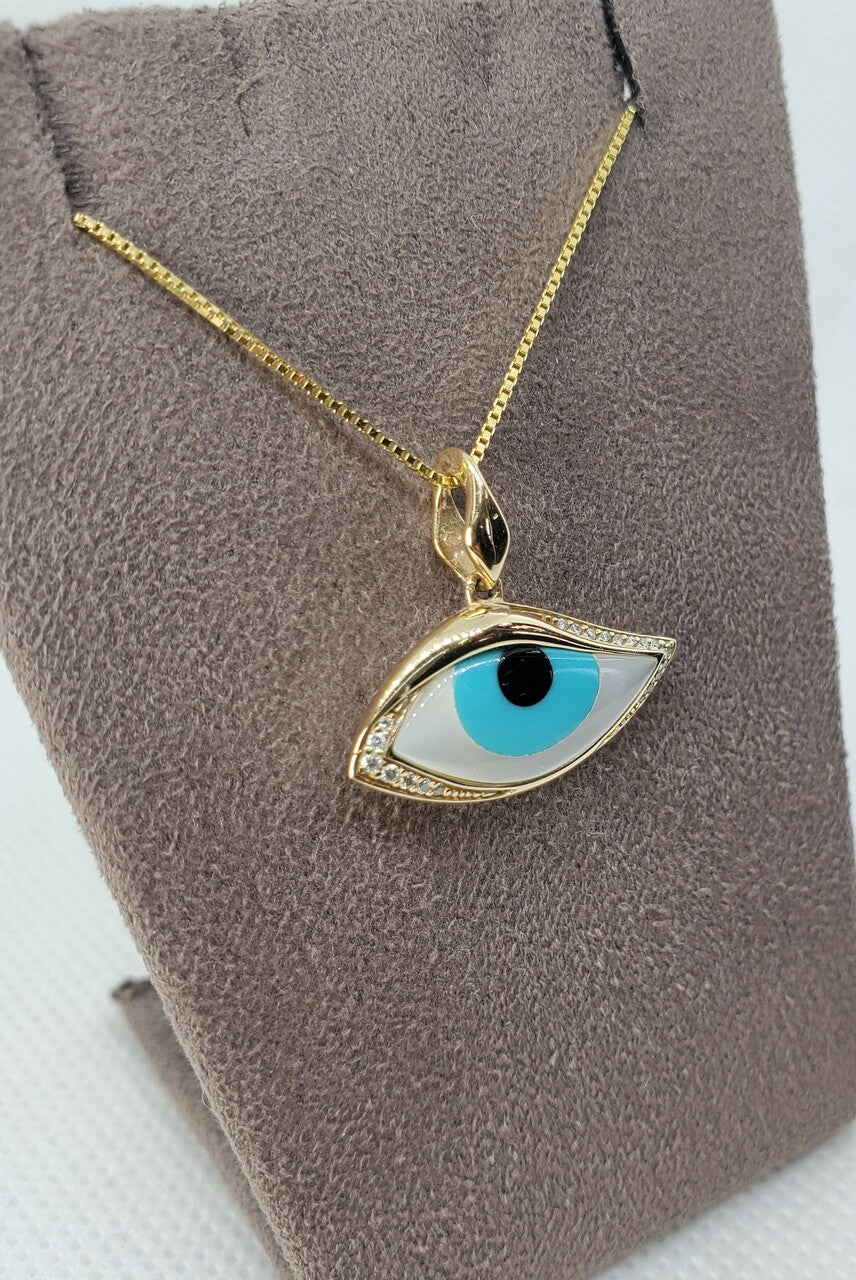 Kabana Mother of Pearl, Turquoise & Onyx Evil Eye with Diamonds Pendant| 804-00009