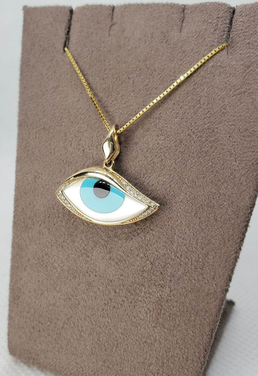 Kabana Mother of Pearl, Turquoise & Onyx Evil Eye with Diamonds Pendant| 804-00009