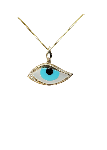 Kabana Mother of Pearl, Turquoise & Onyx Evil Eye with Diamonds Pendant| 804-00009
