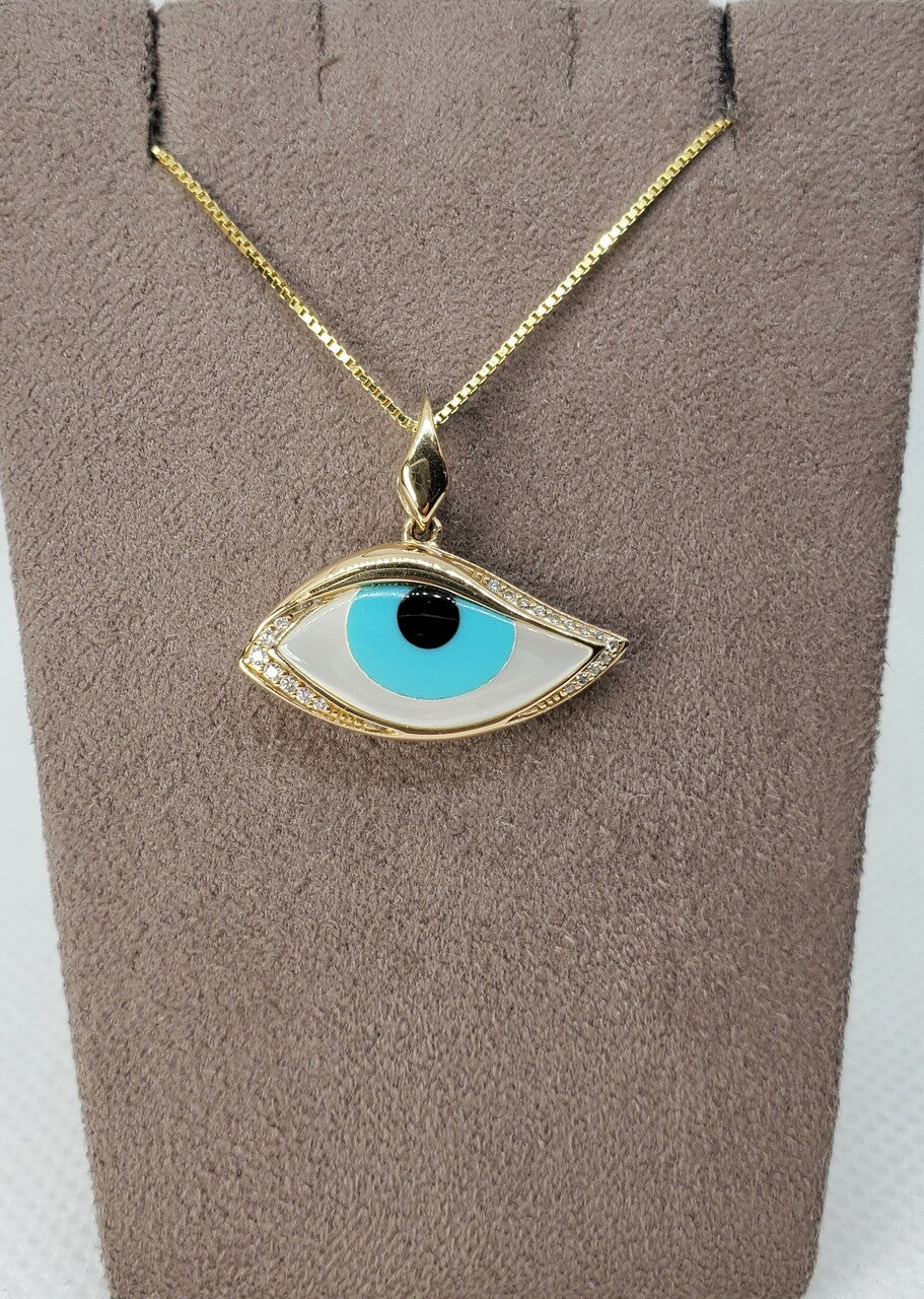 Kabana Mother of Pearl, Turquoise & Onyx Evil Eye with Diamonds Pendant| 804-00009