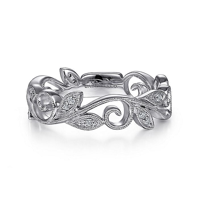 14K White Gold Scrolling Floral Diamond Ring | LR4593W45JJ