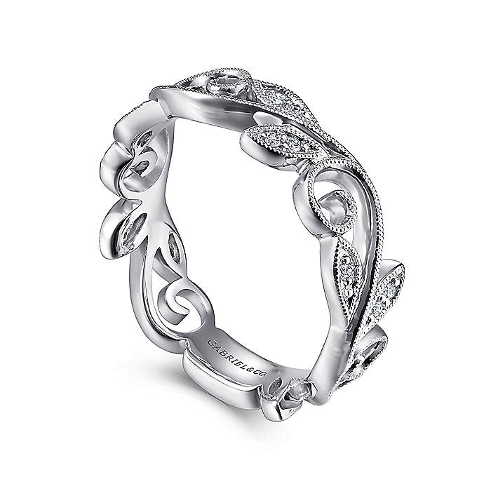 14K White Gold Scrolling Floral Diamond Ring | LR4593W45JJ