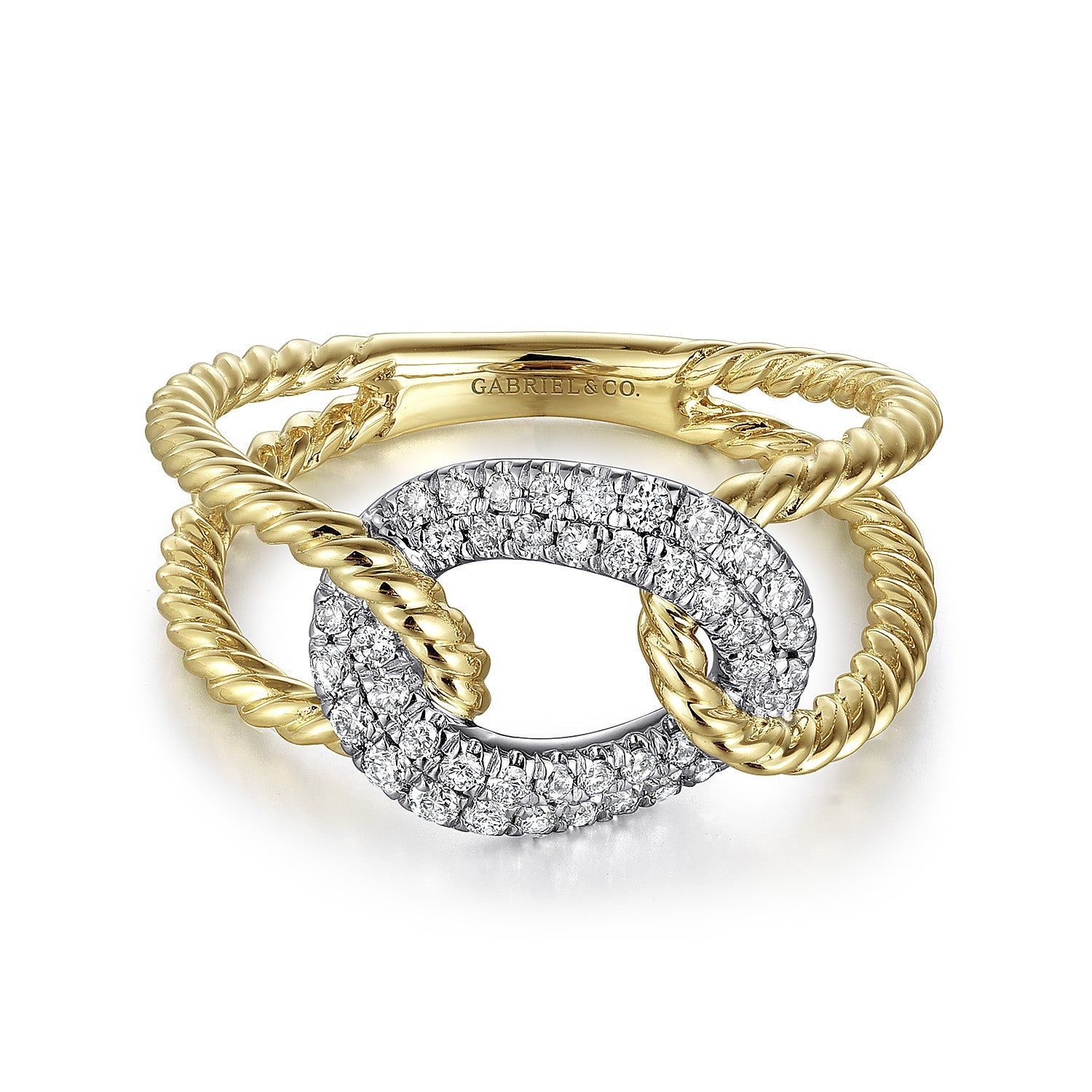 Gabriel & Co 14K Yellow and White Gold Twisted Rope Link Ring with Diamond Pavé Station | LR51318M45JJ