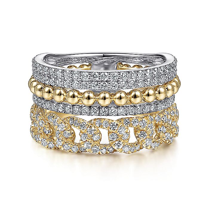 14K White-Yellow Gold Wide Band Layered Diamond Easy-Stackable|LR51517M45JJ
