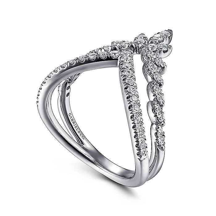 14K White Gold Two Row Bursting Diamond Chevron Ring