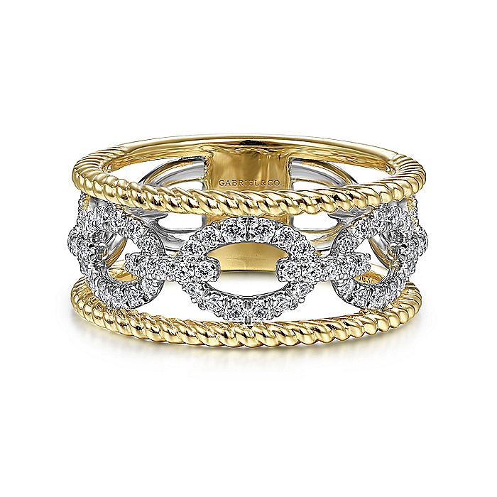 14K White-Yellow Gold Diamond Link and Twisted Rope Ring | LR51658M45JJ