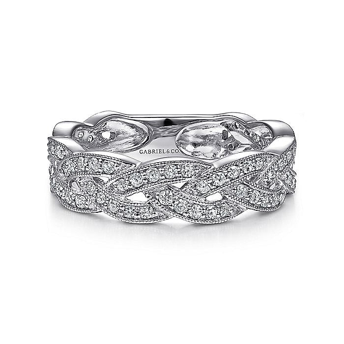 14K White Gold Braided Diamond Stackable Ring
