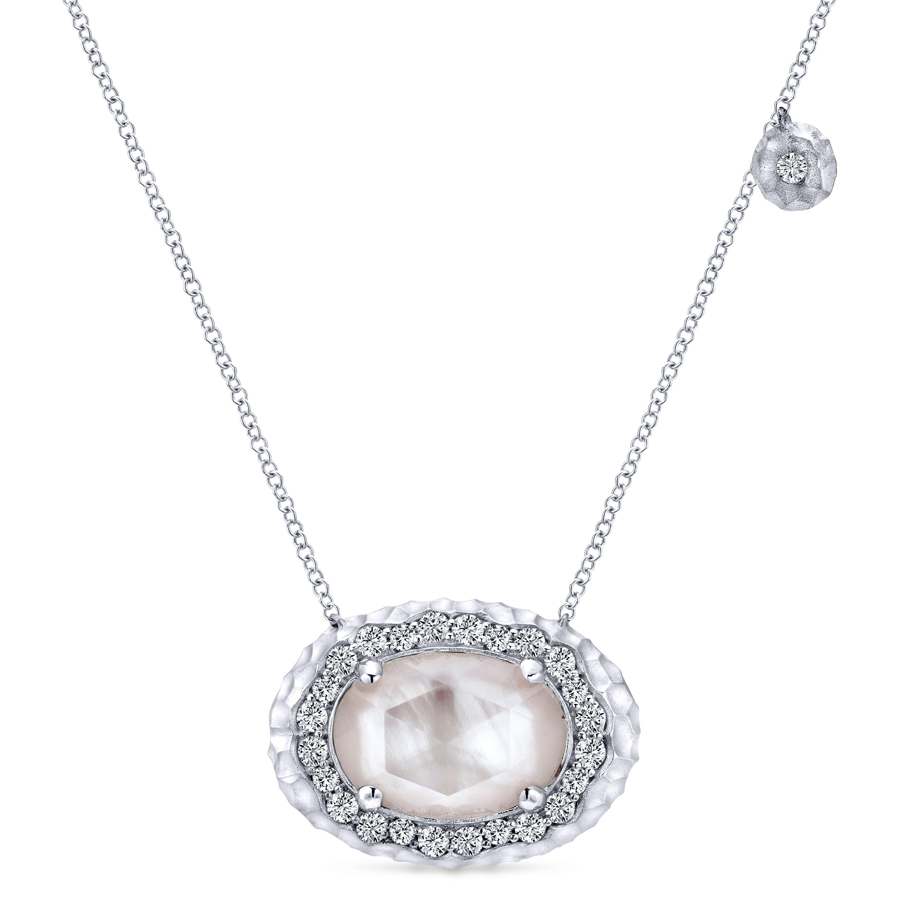 Gabriel & Co 925 Sterling Silver Rock Crystal and Pink Mother of Pearl Necklace with White Sapphire Halo | NK5075SVJMC