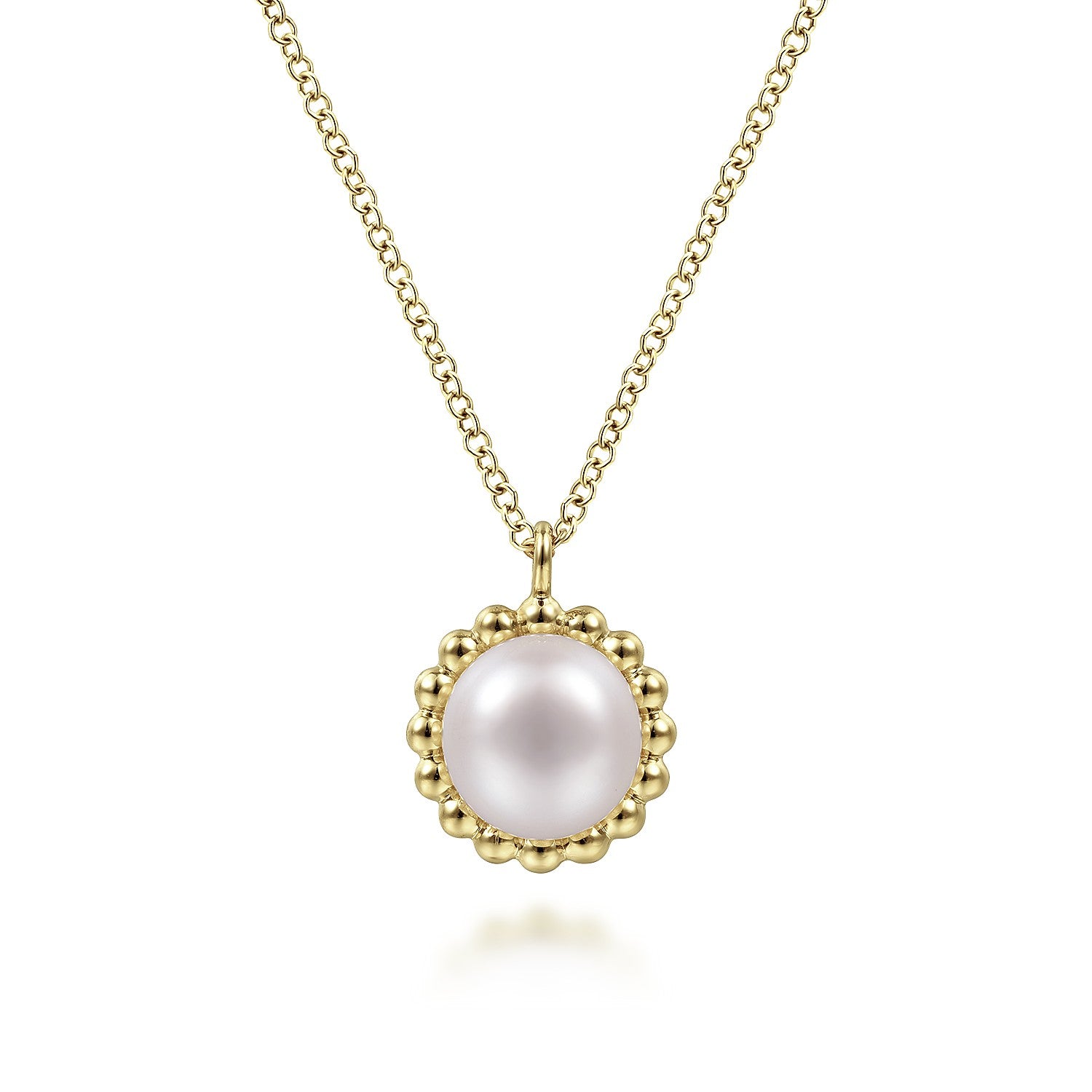 Gabriel & Co 14K Yellow Gold Round Pearl Pendant Necklace with Bujukan Beaded Frame | NK6412Y4JPL